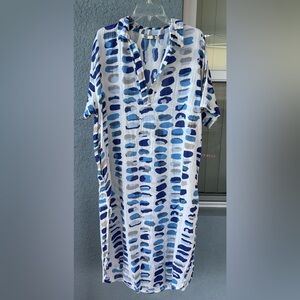 Dolma Gauzy Cotton Blend Paint Splotch Print Pockets Midi Dress Size L V-neck